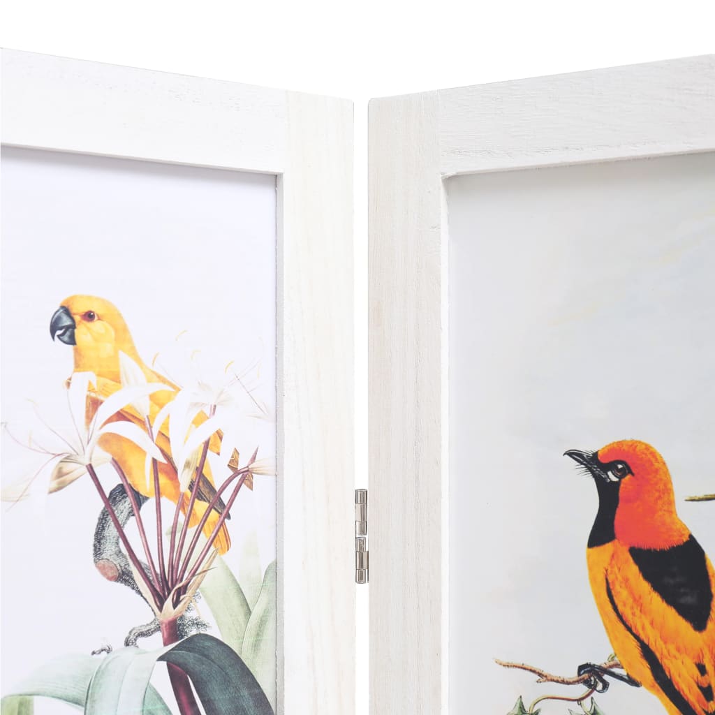vidaXL Parawan 3-panelowy, biały, 105 x 165 cm, ptaki