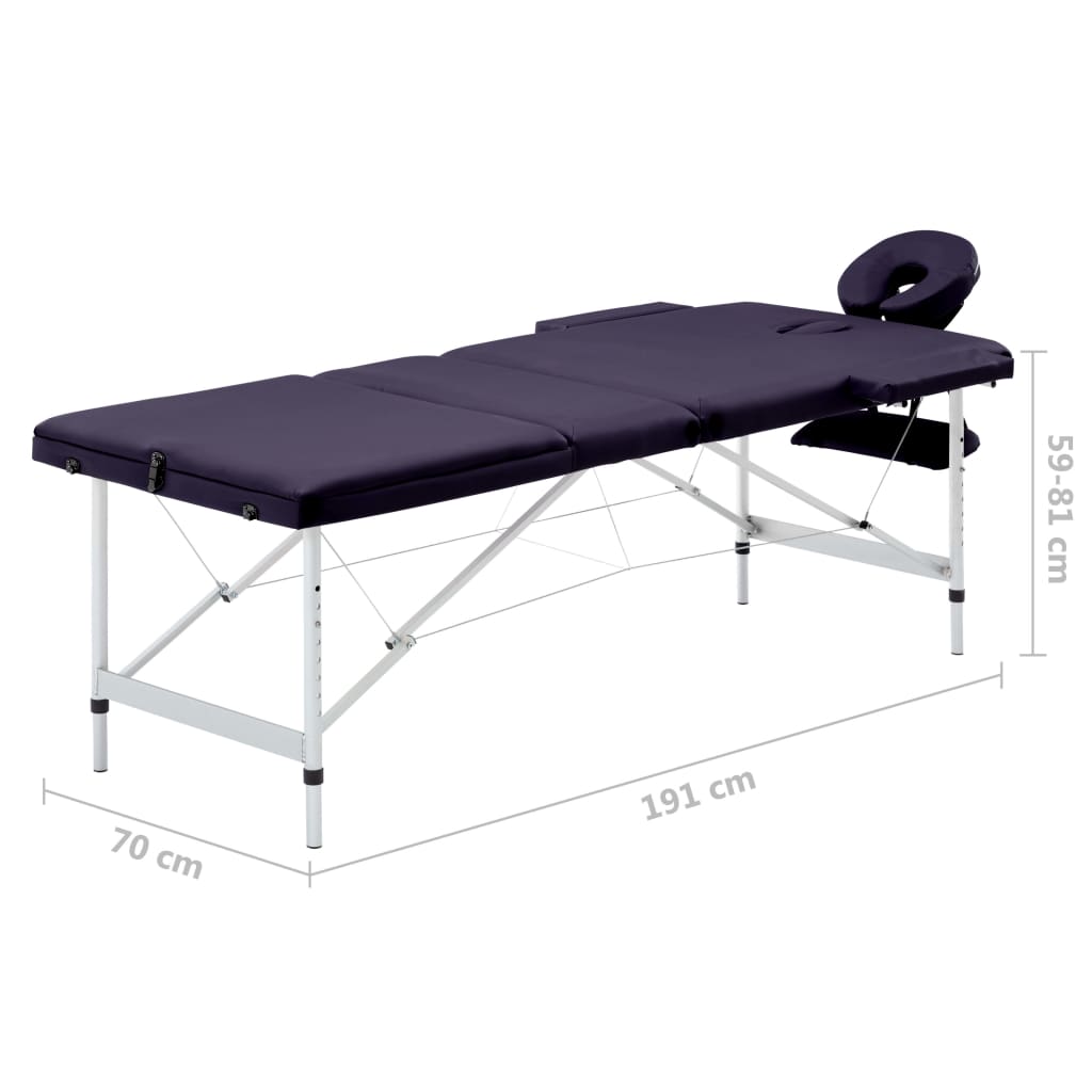 vidaXL Składany stół do masażu, 3-strefowy, aluminiowy, fioletowy
