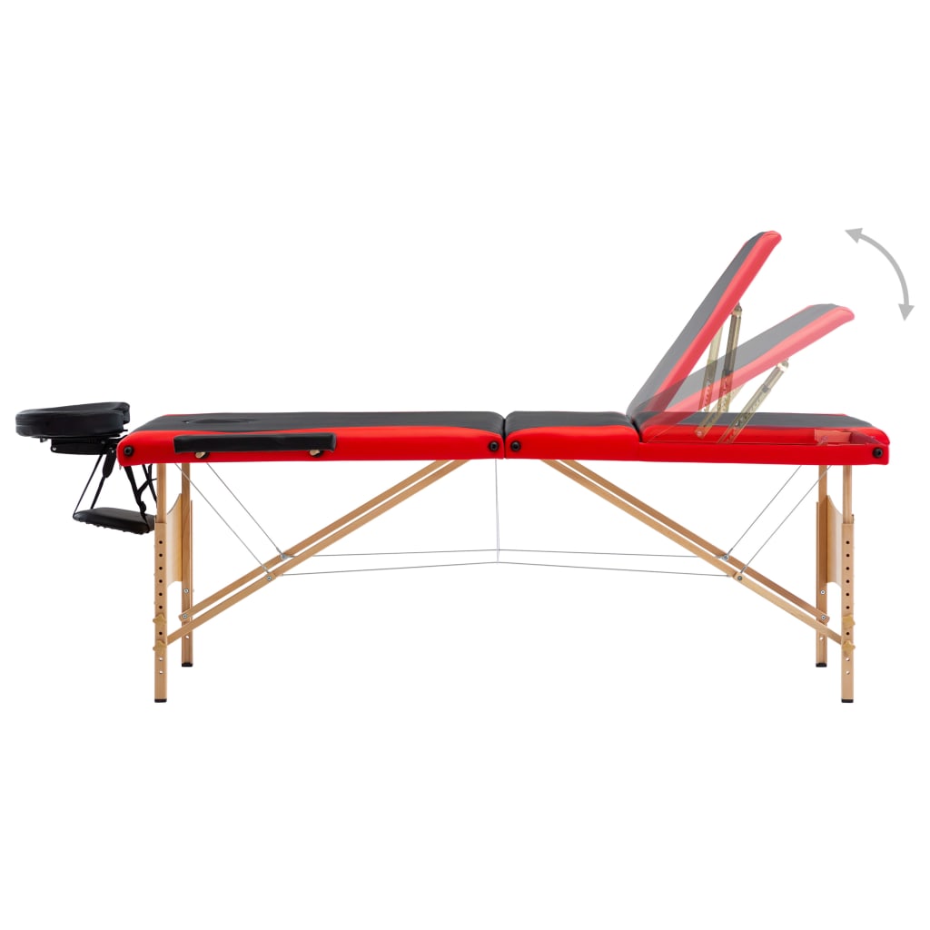 vidaXL Składany stół do masażu, 3 strefy, drewniany, czarno-czerwony