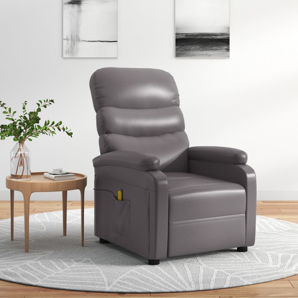 vidaXL Rozkładany fotel masujący, szary, sztuczna skóra