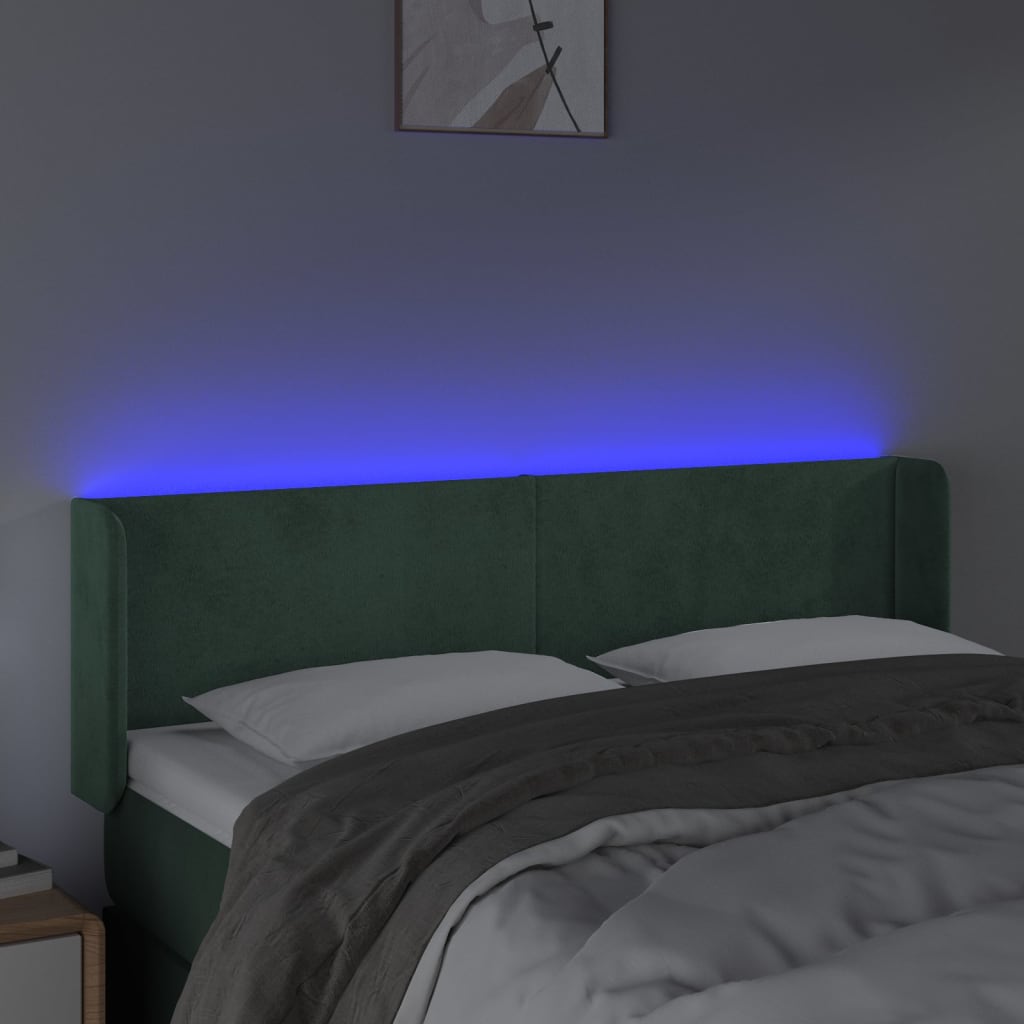 vidaXL Zagłówek do łóżka z LED, ciemnozielony, 147x16x78/88cm, aksamit