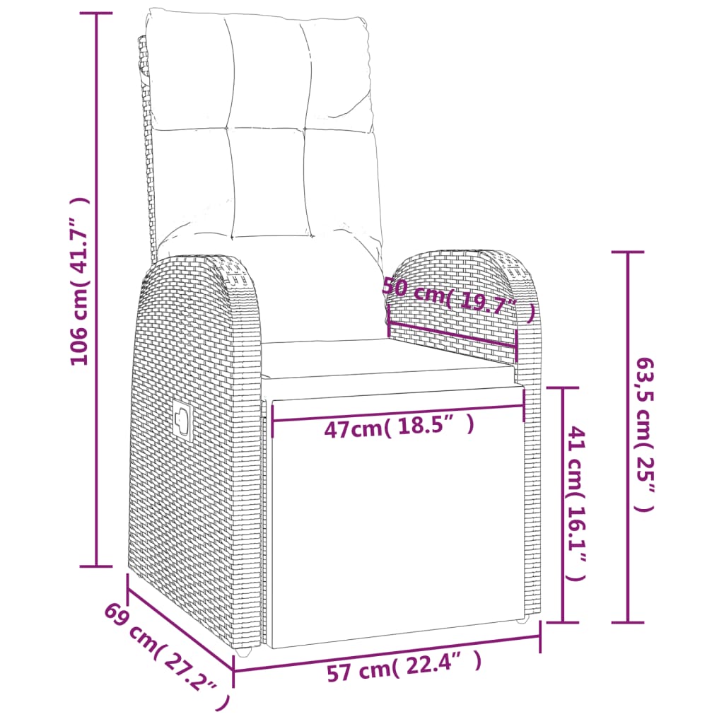 vidaXL Rozkładany fotel ogrodowy z poduszkami, czarny polirattan
