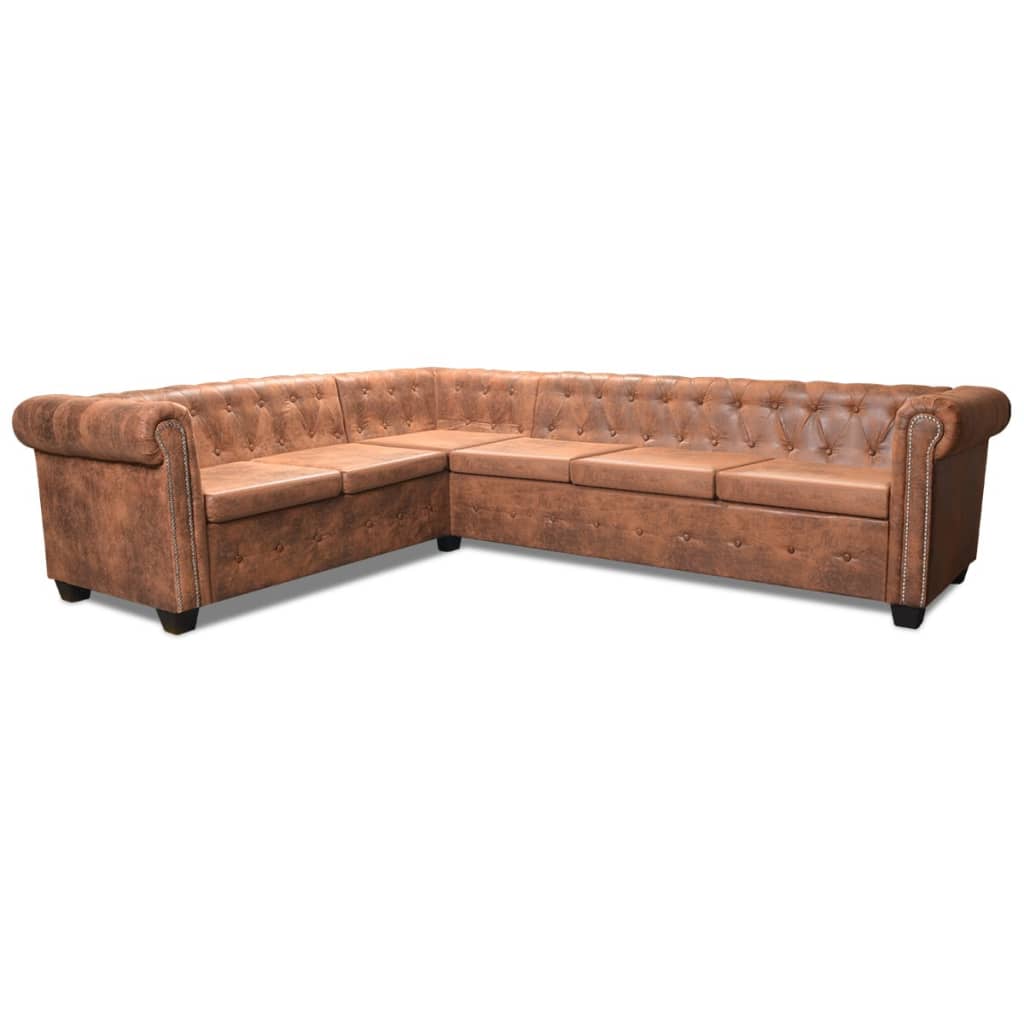 vidaXL Sofa rogowa Chesterfield sześcioosobowa brązowa, sztuczna skóra