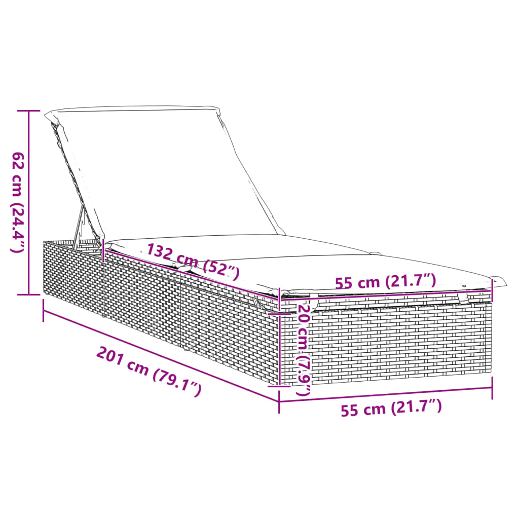 vidaXL Leżak z poduszką, 1 szt., czarny, 201x55x62 cm, polirattan