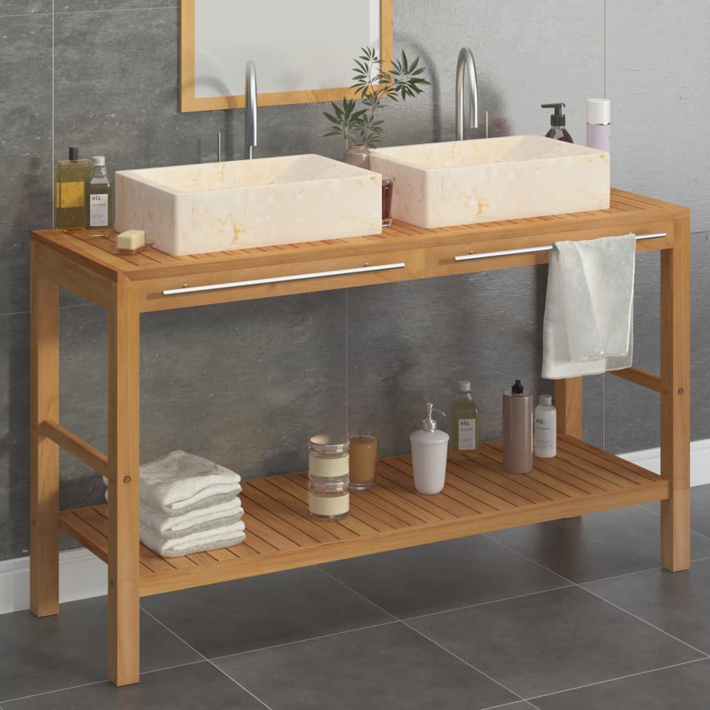 vidaXL Szafka łazienkowa z 2 umywalkami, drewno tekowe, kremowy marmur