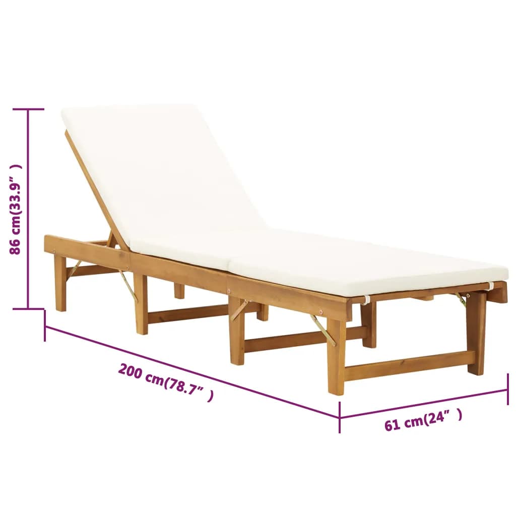 vidaXL Składany leżak z poduszką, lite drewno akacjowe, kremowy