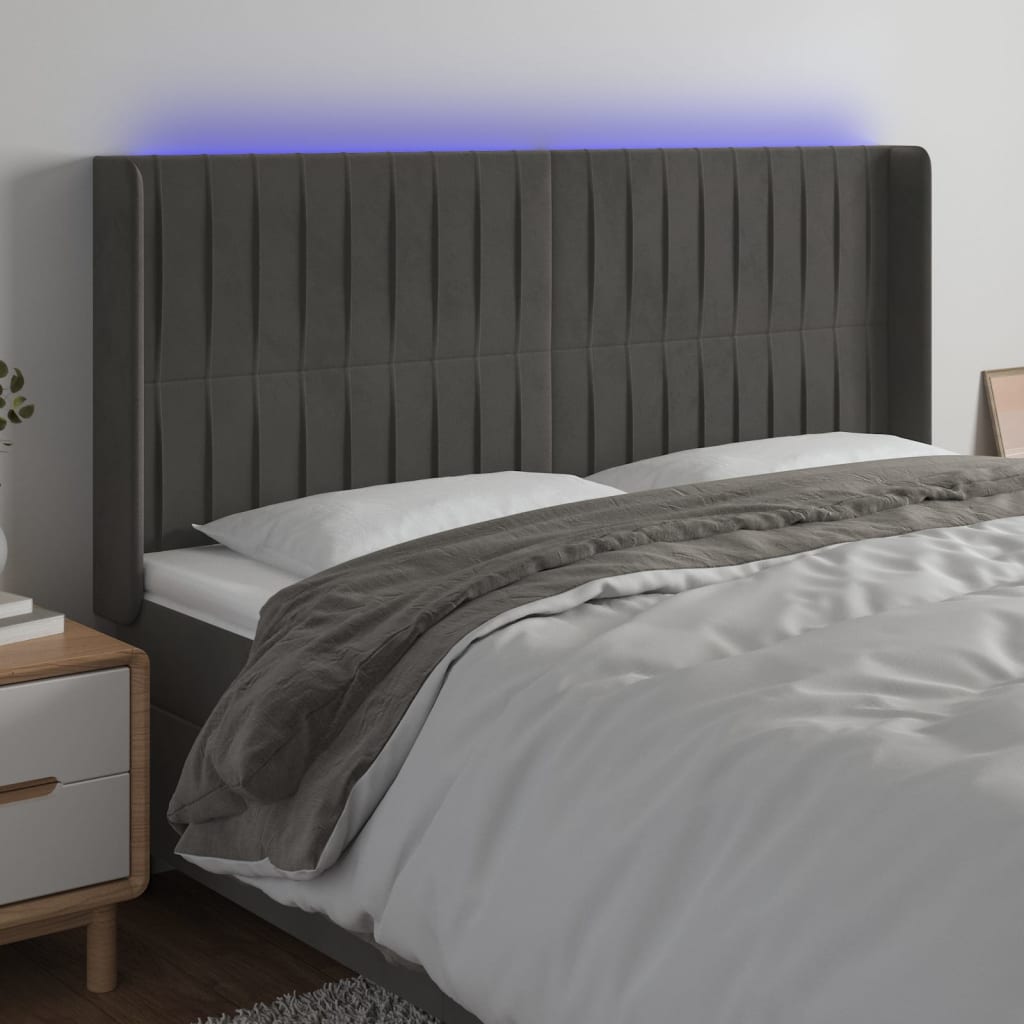 vidaXL Zagłówek do łóżka z LED, ciemnoszary, 203x16x118/128cm, aksamit