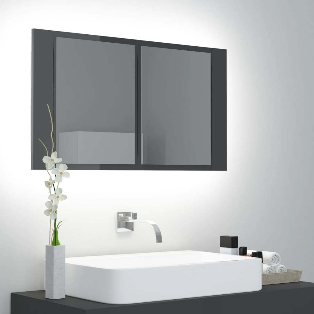 vidaXL Szafka łazienkowa z lustrem i LED, połysk, szara, akryl