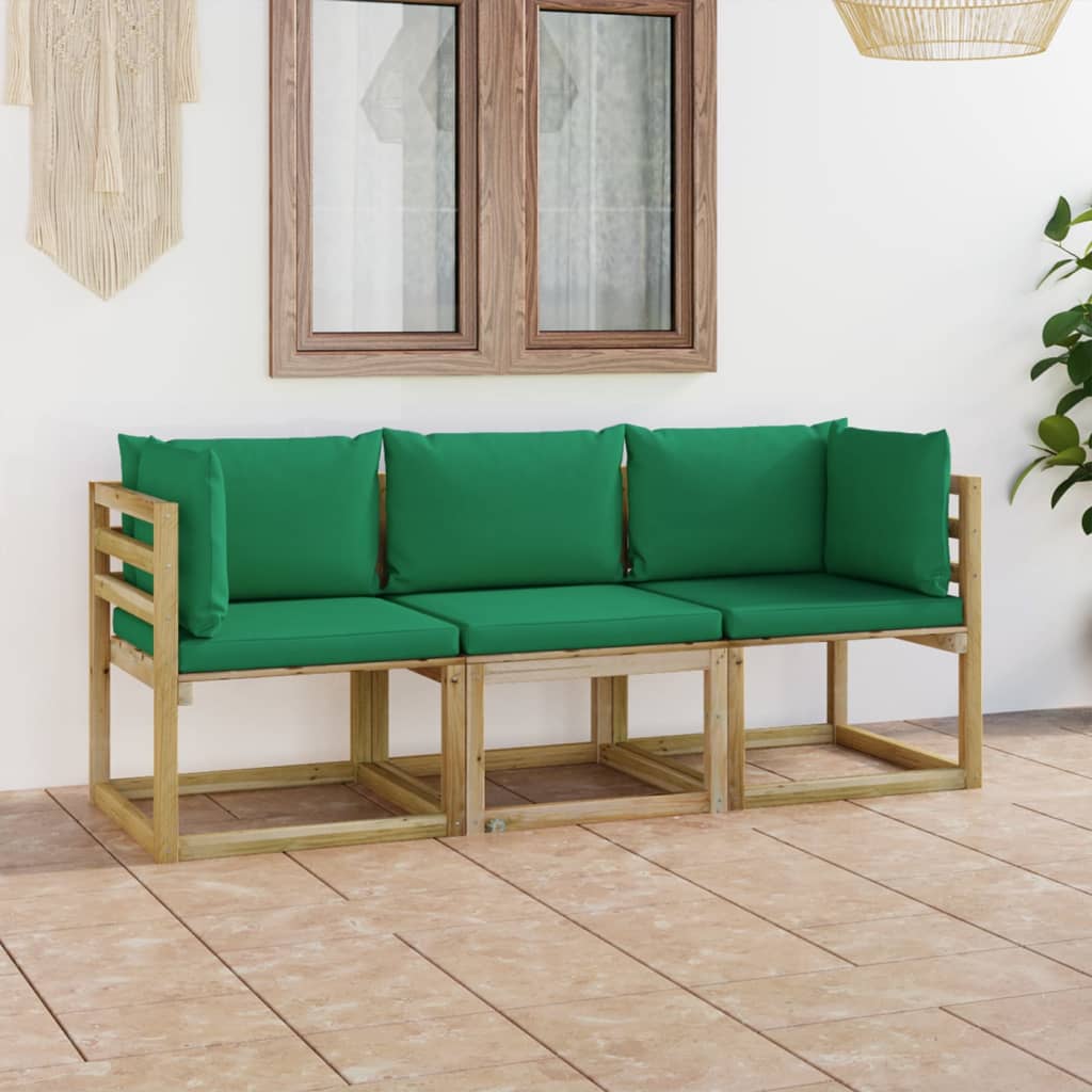 vidaXL 3-os. sofa ogrodowa z zielonymi poduszkami