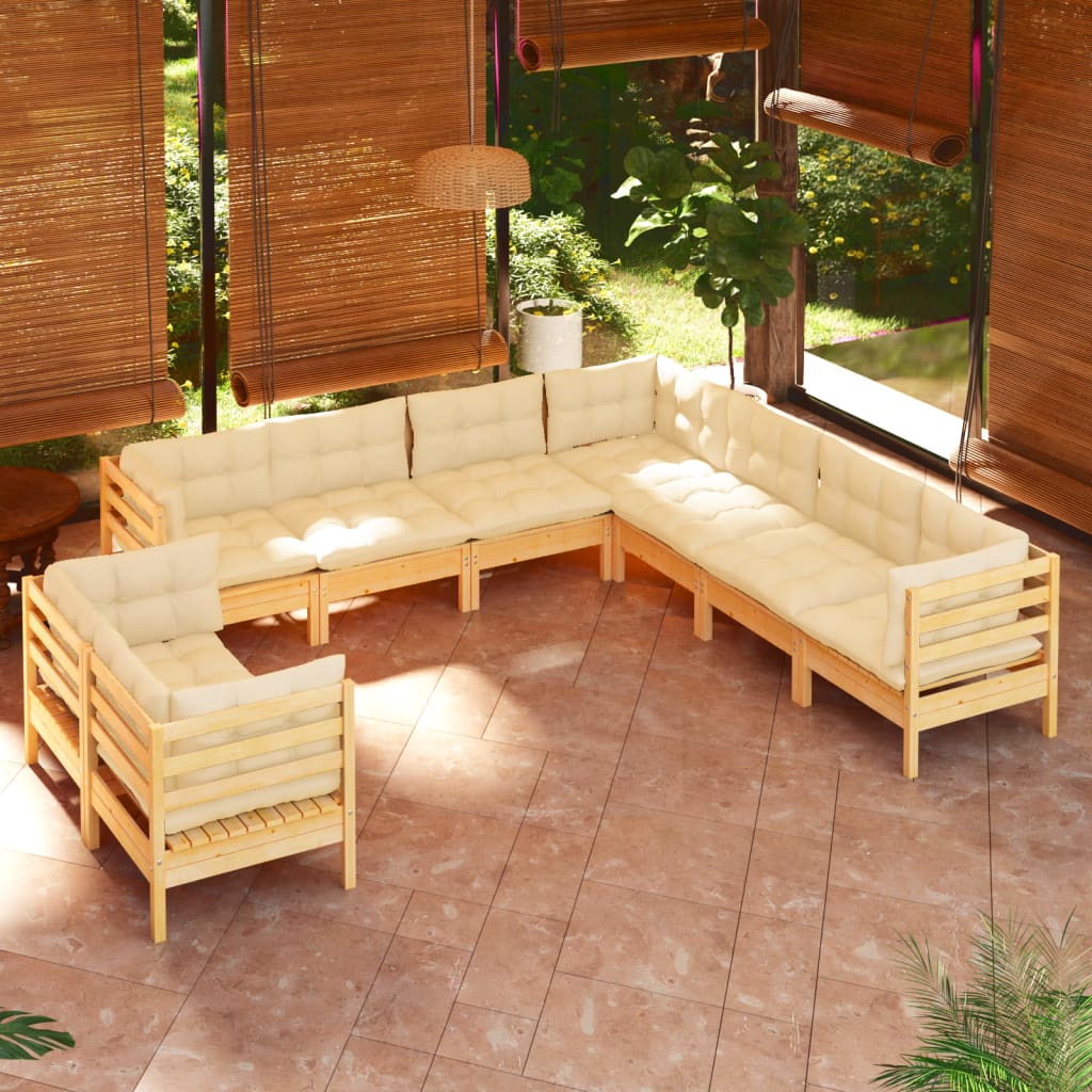 vidaXL 9-cz. zestaw wypoczynkowy do ogrodu, kremowe poduszki, sosnowy