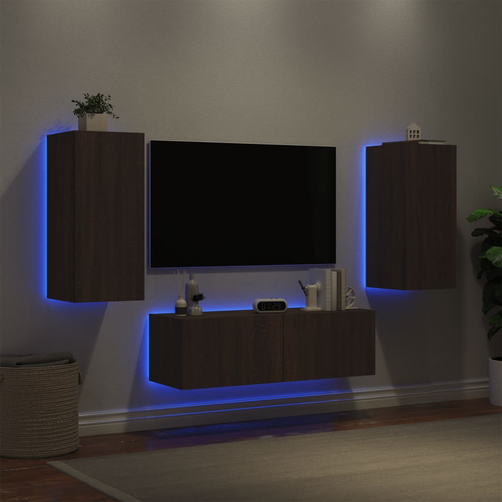 vidaXL 3-cz. zestaw mebli TV z oświetleniem LED, brązowy dąb