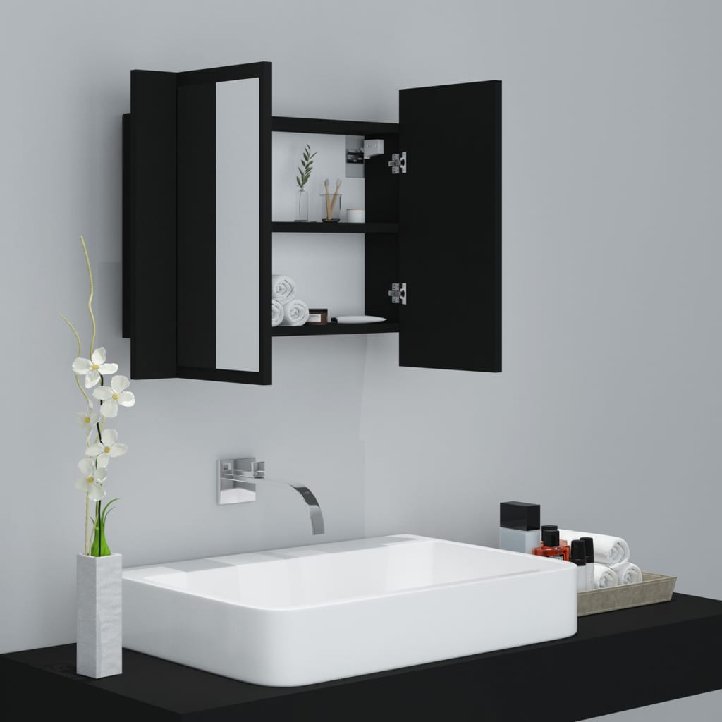 vidaXL Szafka łazienkowa z lustrem i LED, czarna, 60x12x45 cm, akryl
