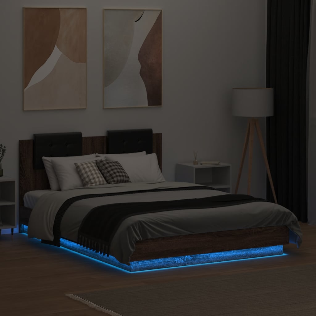 vidaXL Rama łóżka z wezgłowiem i LED, brązowy dąb, 120x190 cm