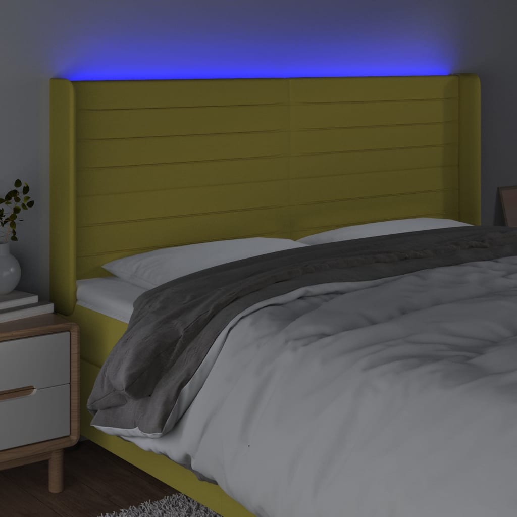 vidaXL Zagłówek do łóżka z LED, zielony, 163x16x118/128 cm, tkanina
