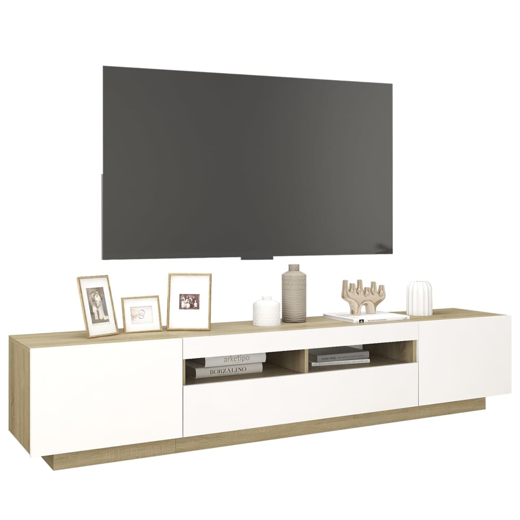 vidaXL Szafka TV z oświetleniem LED, biel i dąb sonoma, 200x35x4 cm