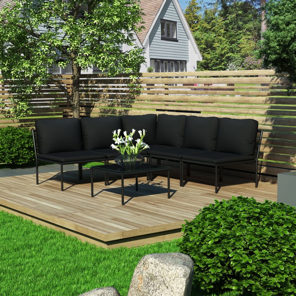 vidaXL 6-cz. zestaw wypoczynkowy do ogrodu, z poduszkami, PVC, czarny