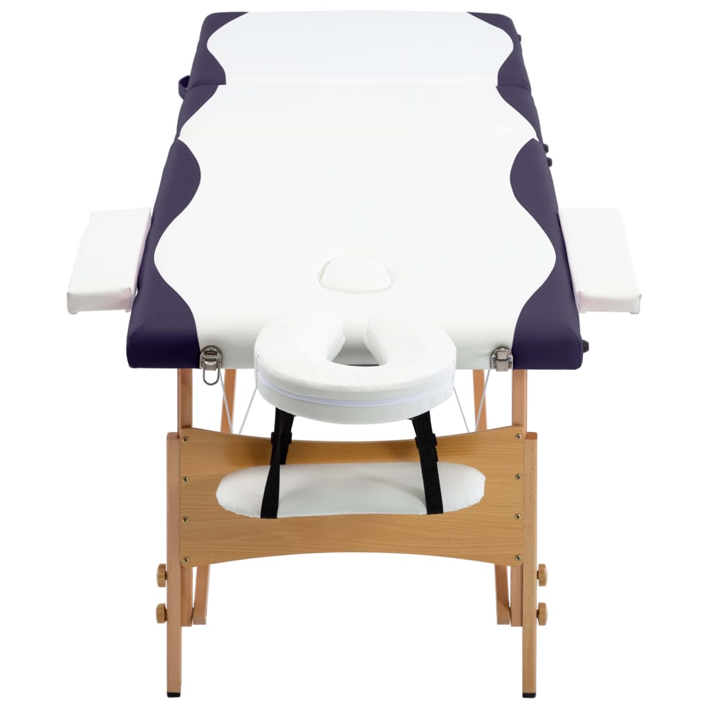vidaXL Składany stół do masażu, 3-strefowy, drewniany, biało-fioletowy