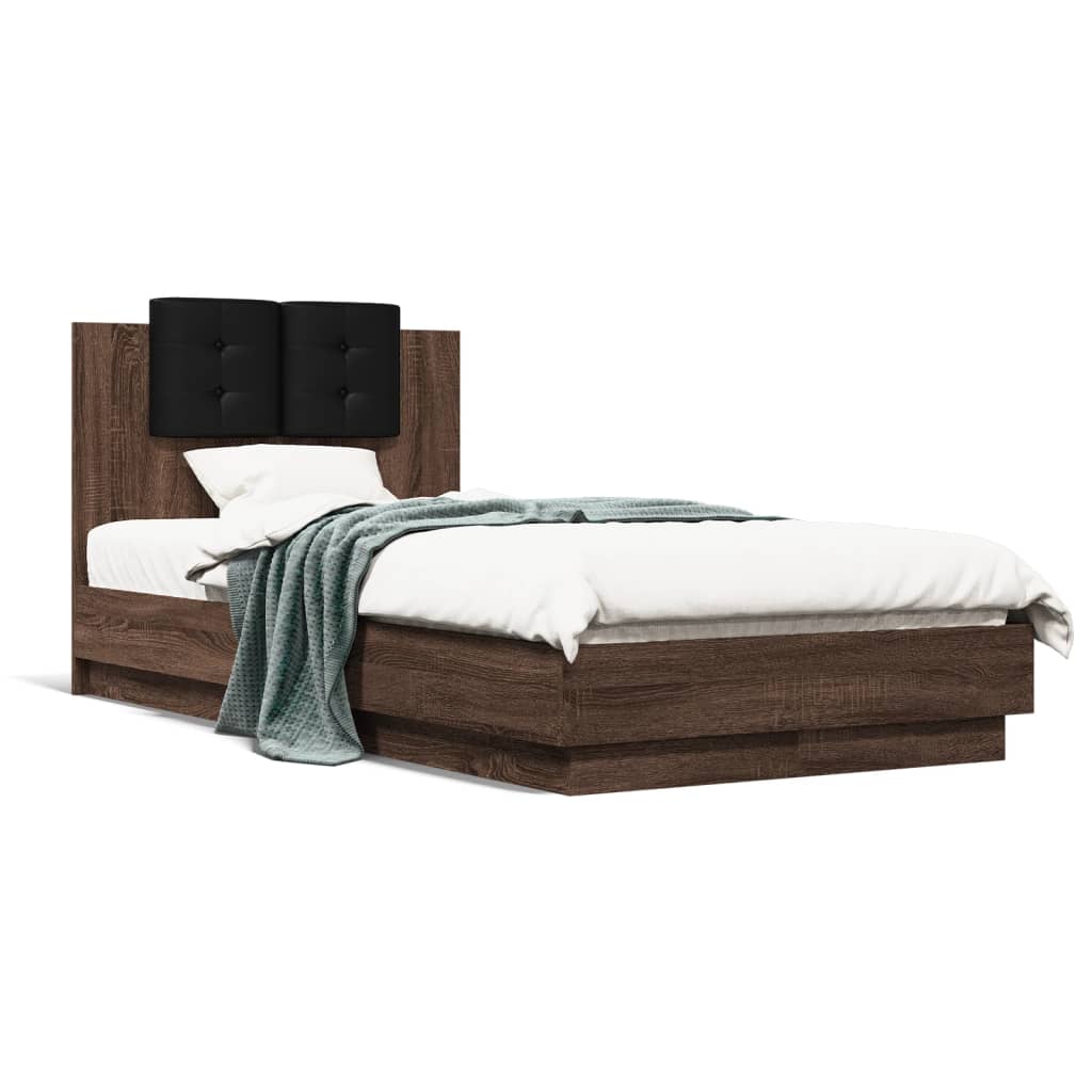 vidaXL Rama łóżka z wezgłowiem i LED, brązowy dąb, 75x190 cm