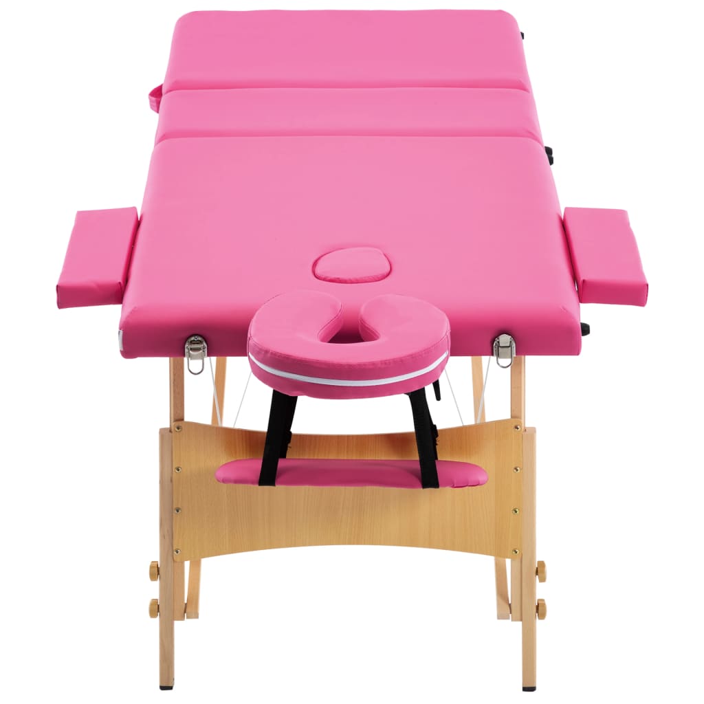 vidaXL Składany stół do masażu, 3 strefy, drewniany, różowy