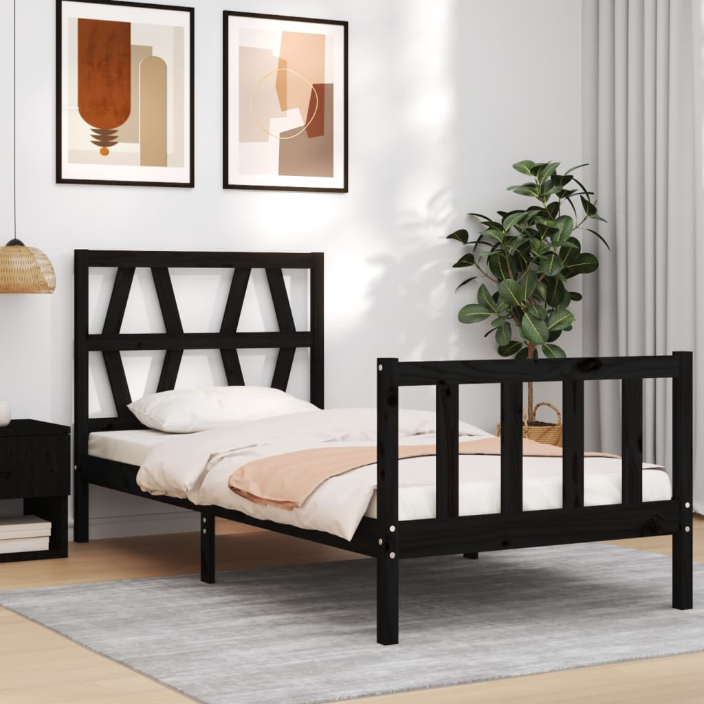 vidaXL Rama łóżka z wezgłowiem, czarna, 3FT, pojedyncza, lite drewno