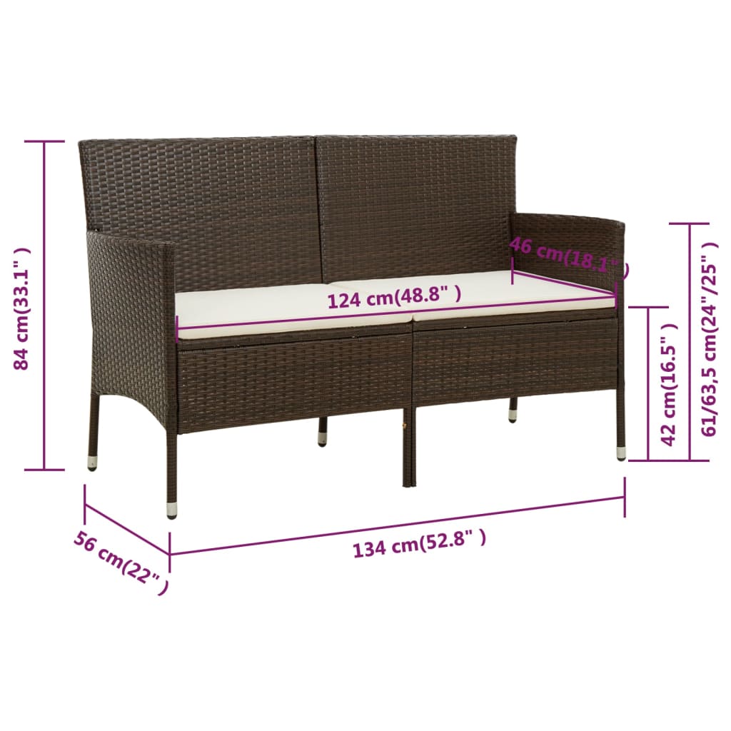 vidaXL 3-osobowa sofa ogrodowa z poduszką, brązowa, polirattan