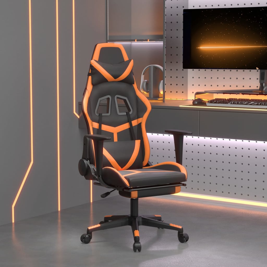 vidaXL Masujący fotel gamingowy z podnóżkiem, czarno-pomarańczowy