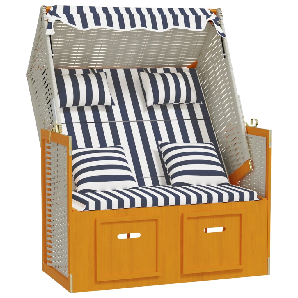 vidaXL Kosz plażowy z poduszkami, rattan PE i drewno, biało-niebieski