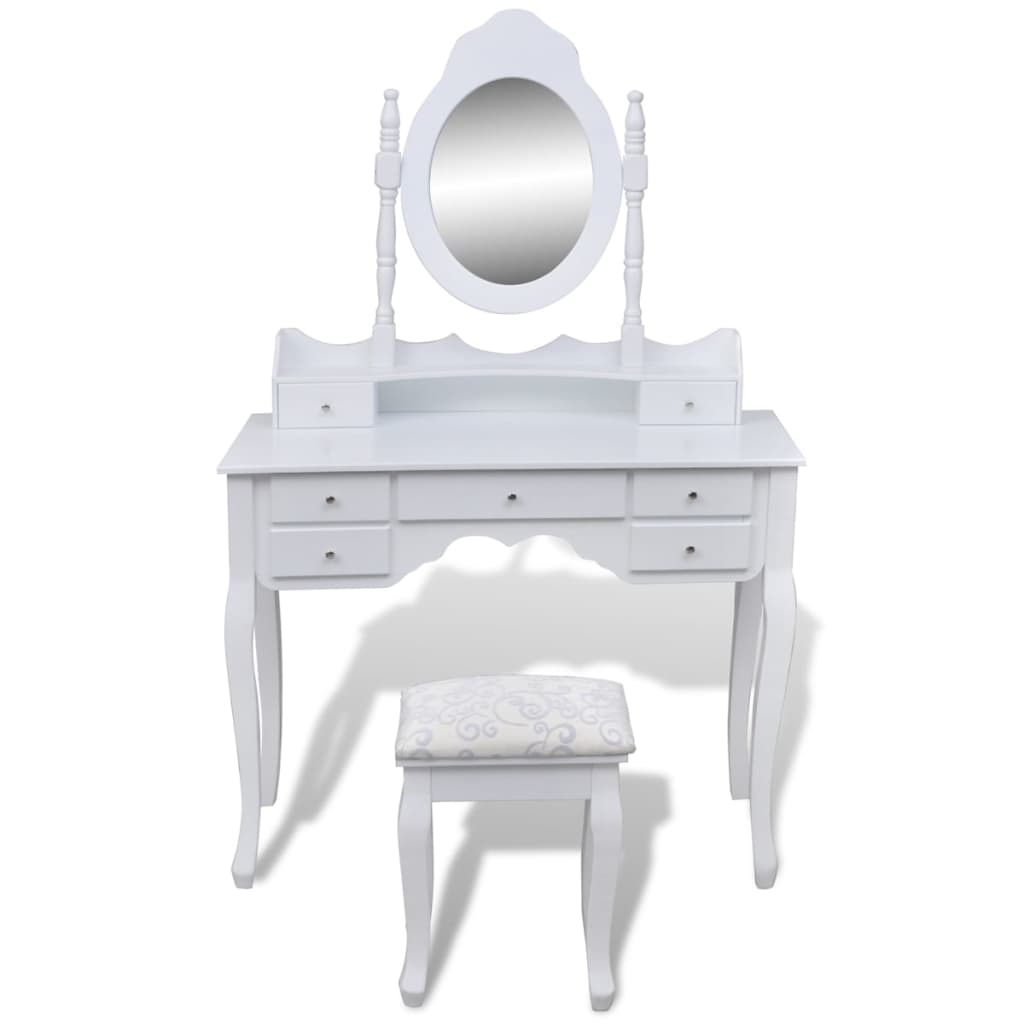 vidaXL Toaletka z lustrem i stołkiem, 7 szuflad, biała