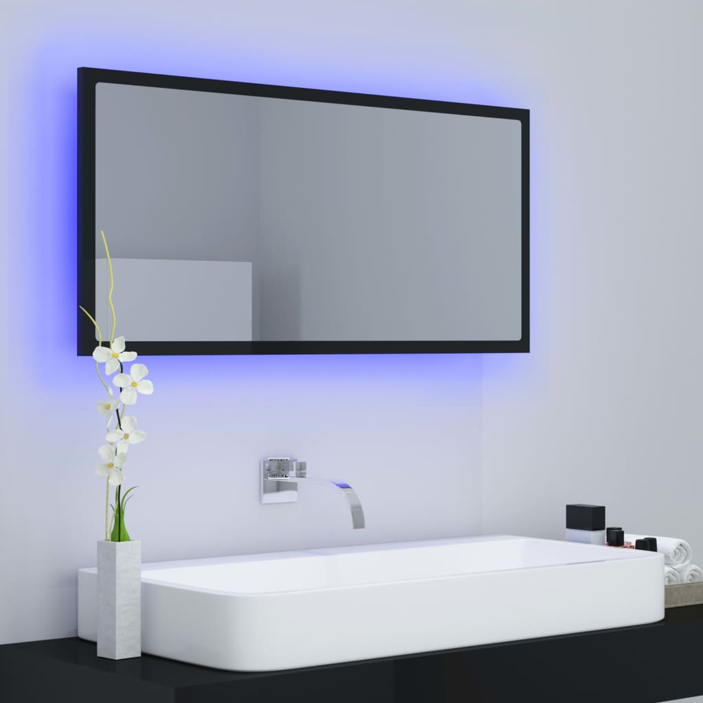 vidaXL Lustro łazienkowe LED, wysoki połysk, czarne, 90x8,5x37, akryl