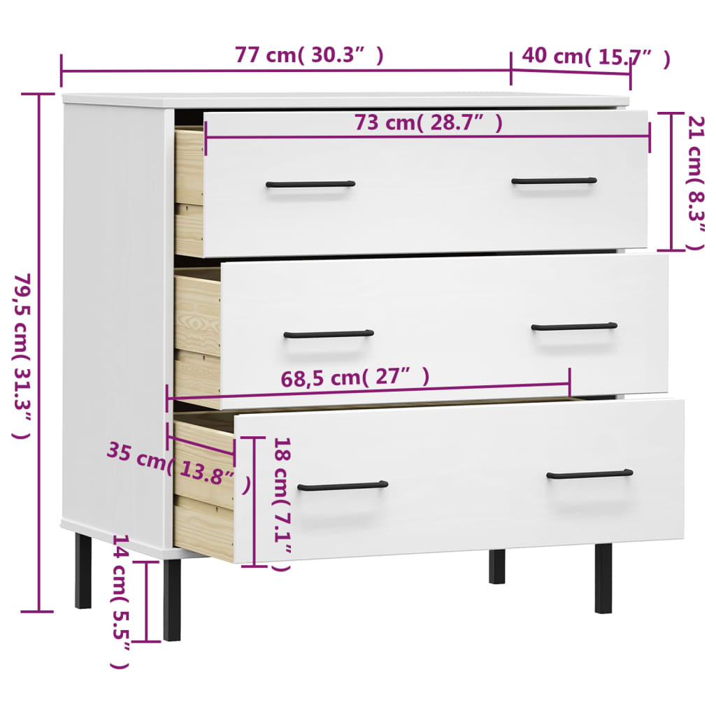 vidaXL Komoda OSLO z 3 szufladami, biała, 77x40x79,5 cm, lite drewno