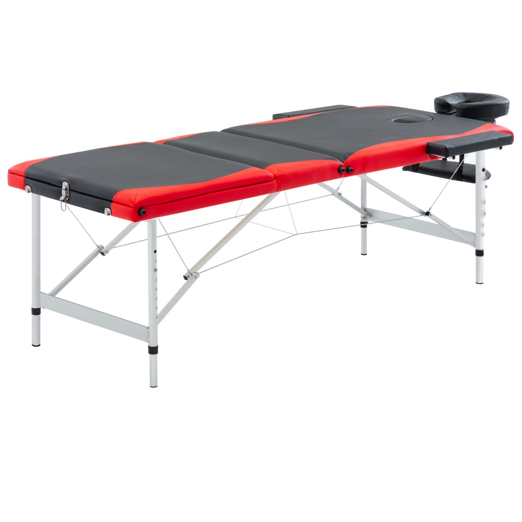 vidaXL Składany stół do masażu 3-strefowy, aluminiowy, czarno-czerwony