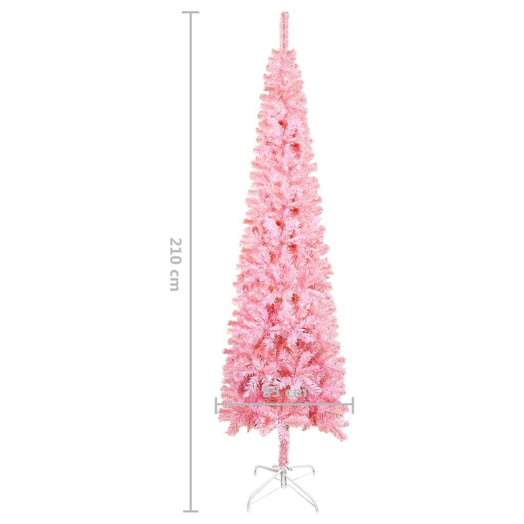 vidaXL Smukła choinka z lampkami LED i bombkami, różowa, 210 cm