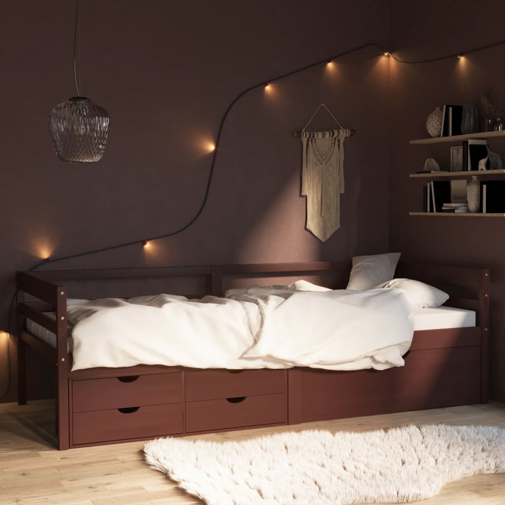 vidaXL Rama łóżka z szufladami i szafką, ciemny brąz, sosna, 90x200 cm
