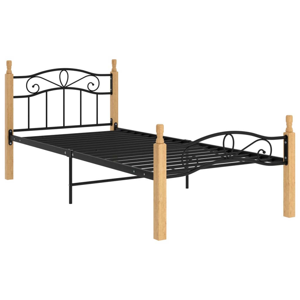 vidaXL Rama łóżka, czarny metal i lite drewno dębowe, 90x200 cm