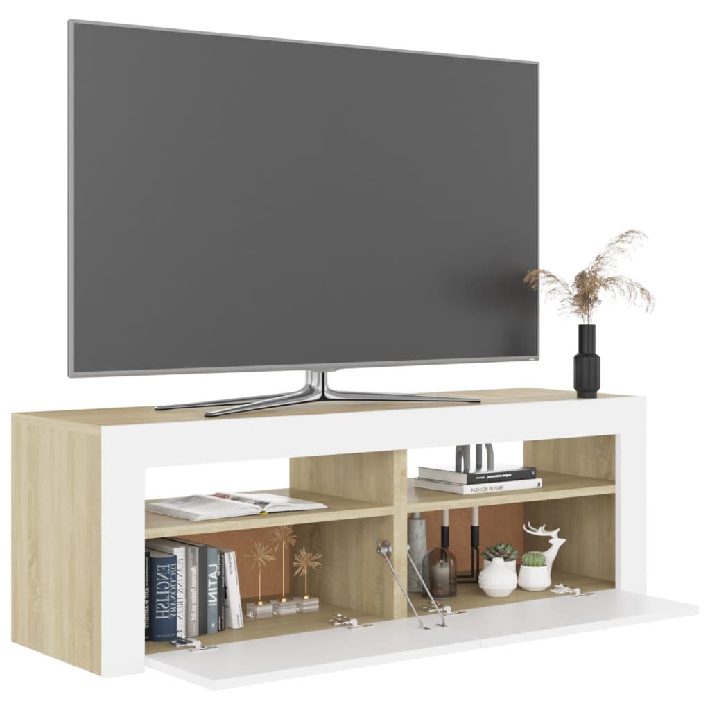 vidaXL Szafka TV z oświetleniem LED, biel i dąb sonoma, 120x35x40 cm