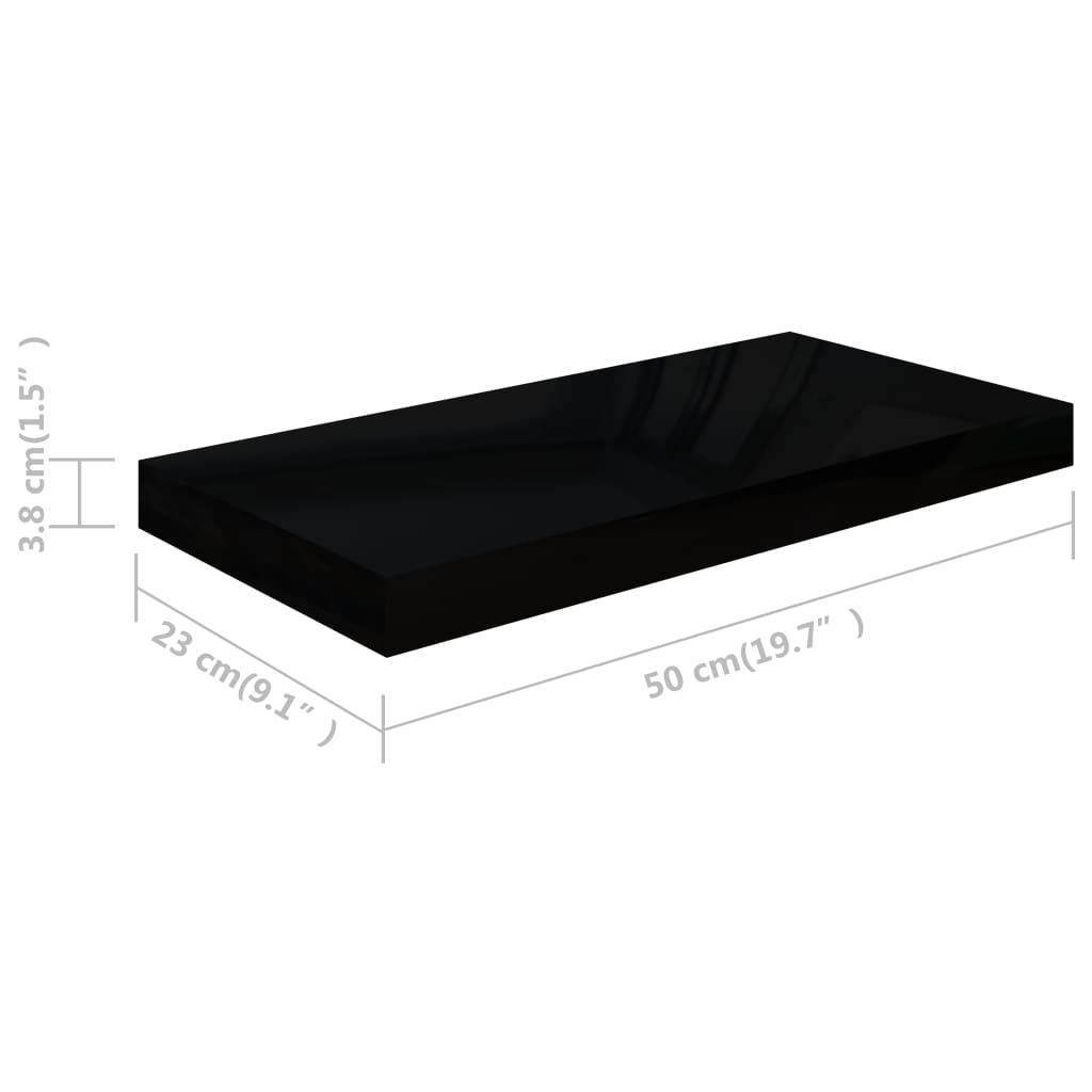 vidaXL Półki ścienne, 4 szt., wysoki połysk, czarne, 50x23x3,8 cm, MDF