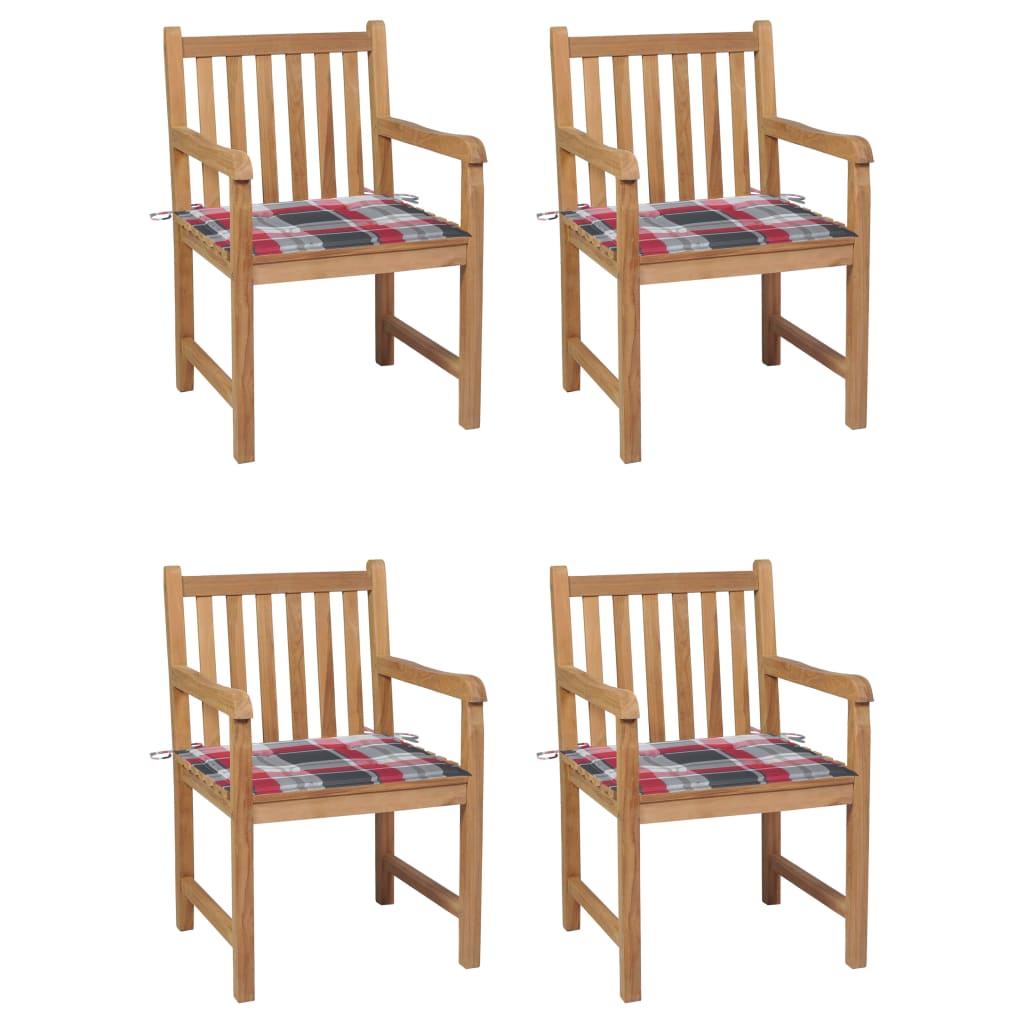 vidaXL Krzesła ogrodowe, 4 szt., z poduszkami w czerwoną kratę, tekowe