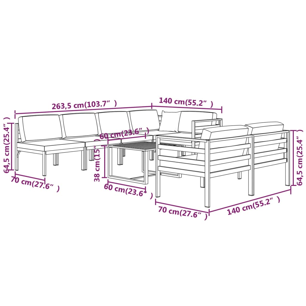 vidaXL 8-cz. zestaw mebli ogrodowych, poduszki, aluminium, antracyt