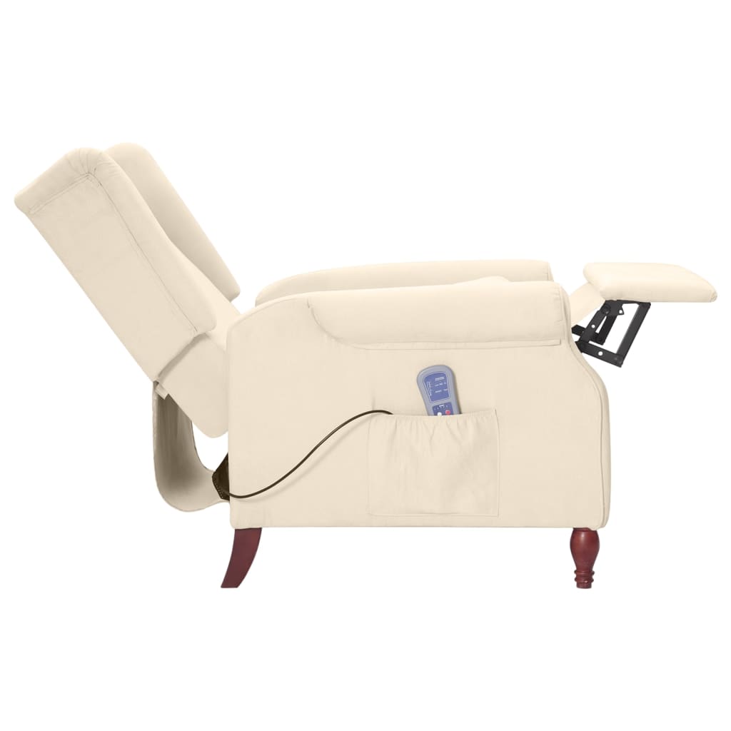 vidaXL Rozkładany fotel masujący, kremowy, obity tkaniną