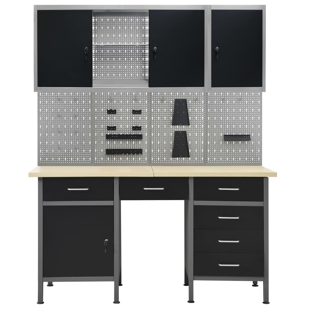 vidaXL Stół roboczy z 4 panelami ściennymi i 2 szafkami