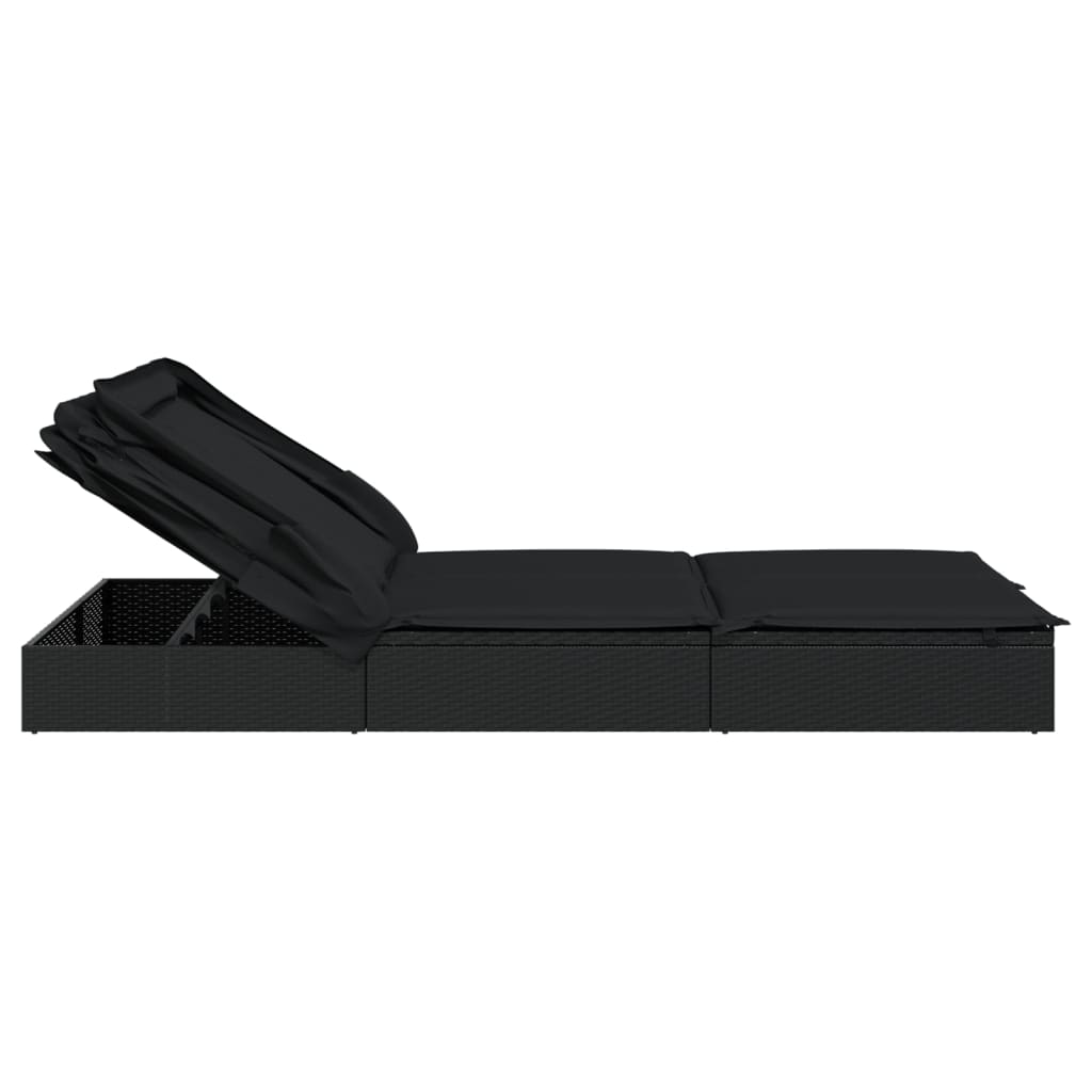 vidaXL Leżak 2-os., składany dach, czarny, 213x118x97 cm, polirattan