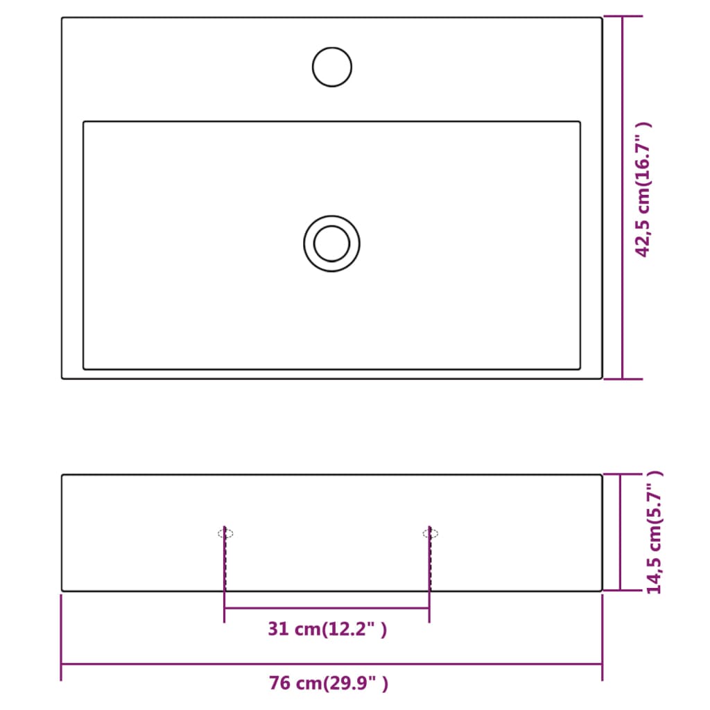 vidaXL Umywalka z otworem na baterię, 76 x 42,5 x 14,5 cm, biała