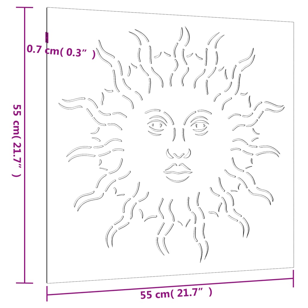 vidaXL Ogrodowa dekoracja ścienna, 55x55 cm, stal kortenowska, słońce