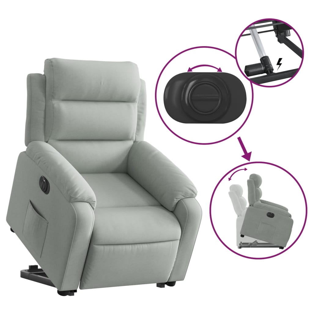 vidaXL Elektryczny, podnoszony fotel rozkładany, jasnoszary, aksamit