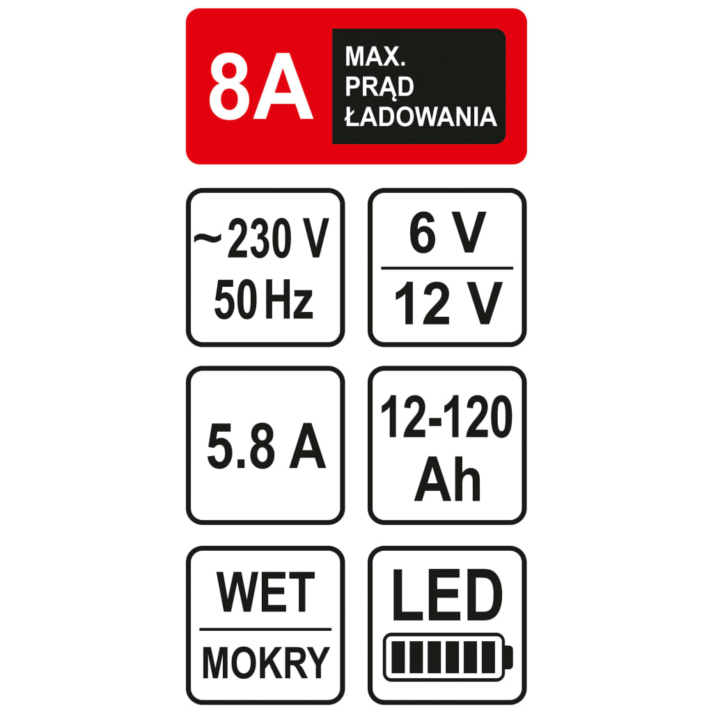 Sthor Ładowarka do akumulatorów, z LED, 6/12 V, 8A, 120 Ah
