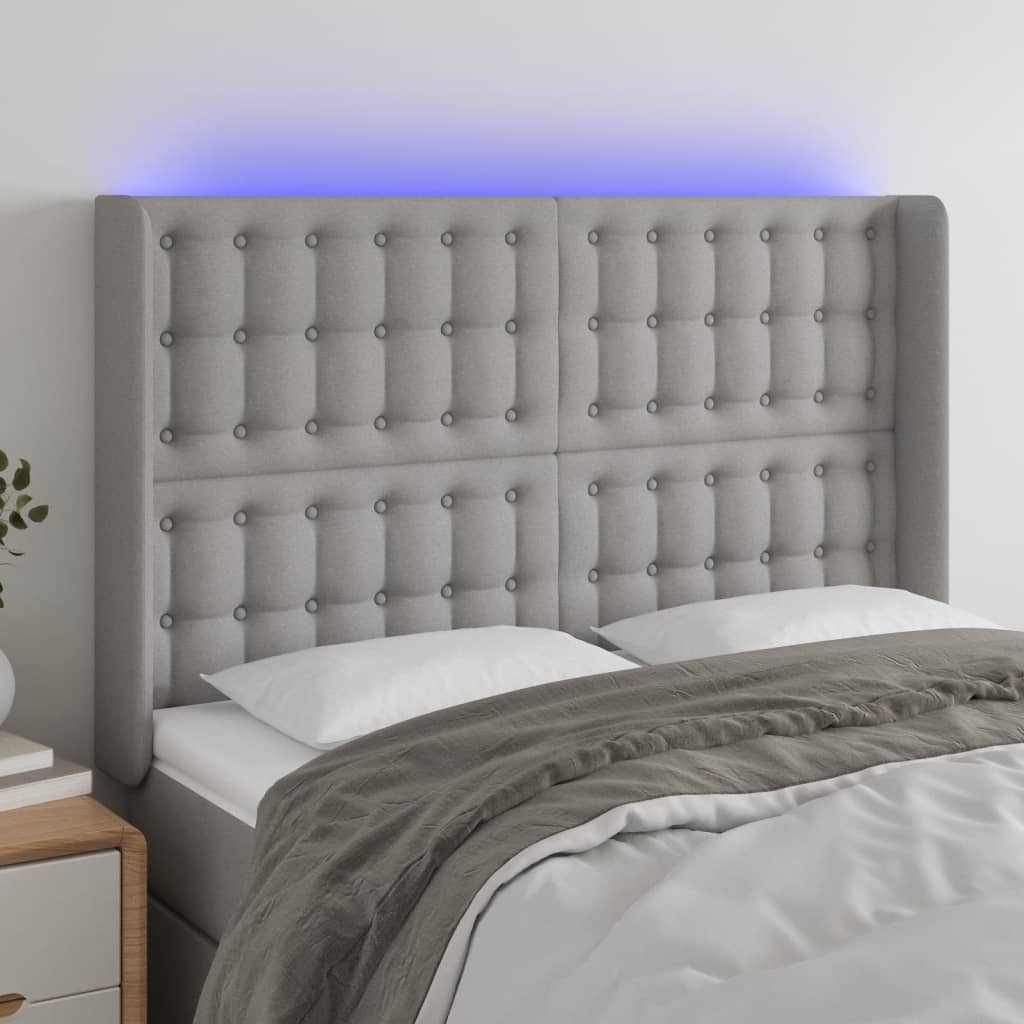 vidaXL Zagłówek do łóżka z LED, jasnoszary, 147x16x118/128 cm, tkanina