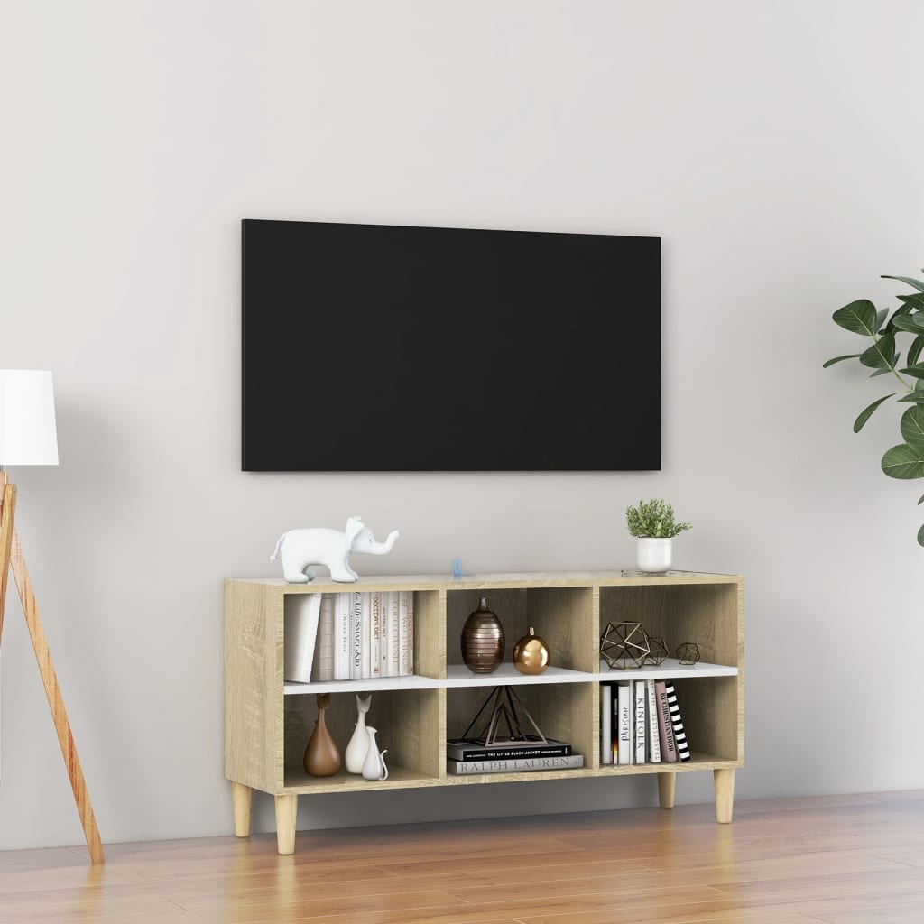 vidaXL Szafka TV, drewniane nóżki, biel i dąb sonoma, 103,5x30x50 cm