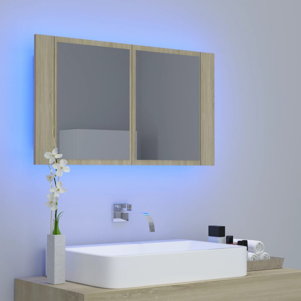 vidaXL Szafka łazienkowa z lustrem i LED, dąb sonoma, 80x12x45, akryl