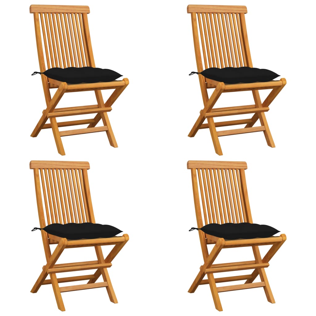 vidaXL Krzesła ogrodowe, czarne poduszki, 4 szt., lite drewno tekowe