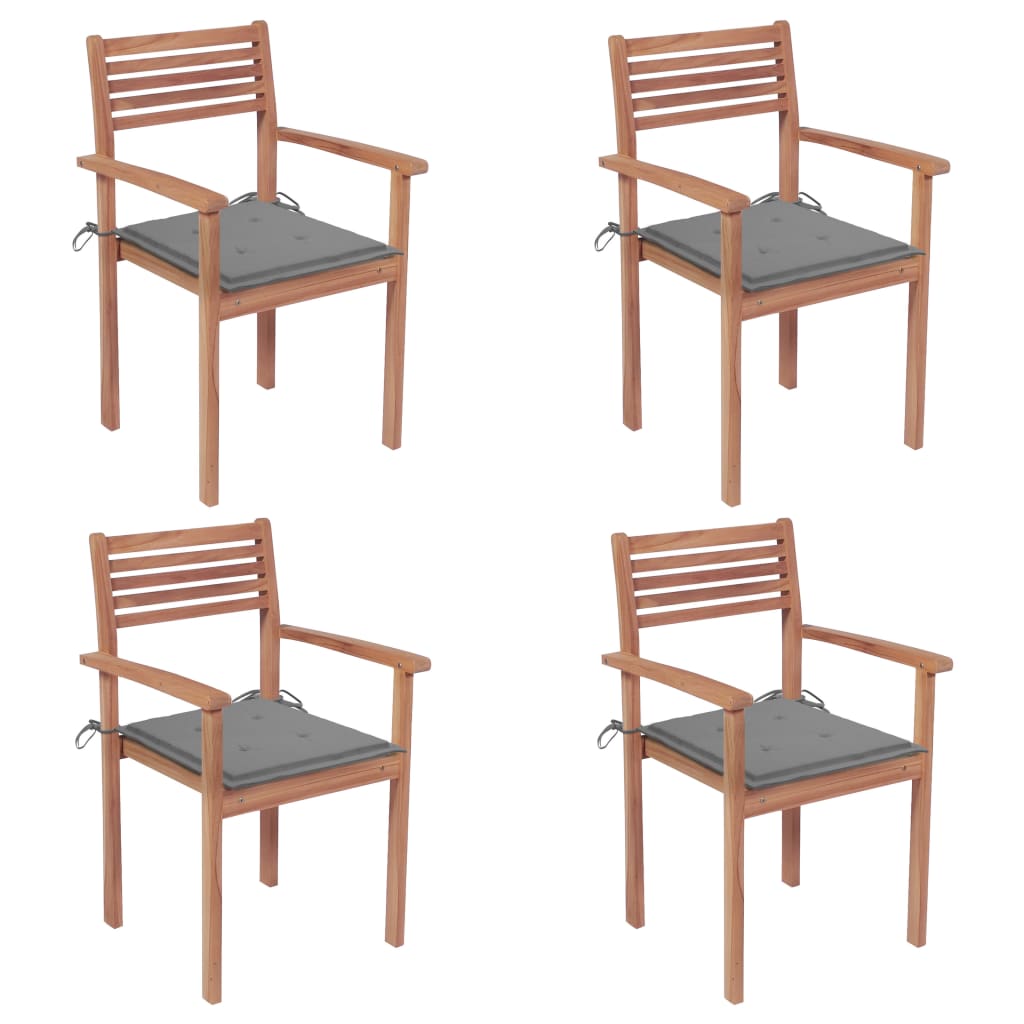 vidaXL Krzesła ogrodowe, 4 szt., szare poduszki, drewno tekowe